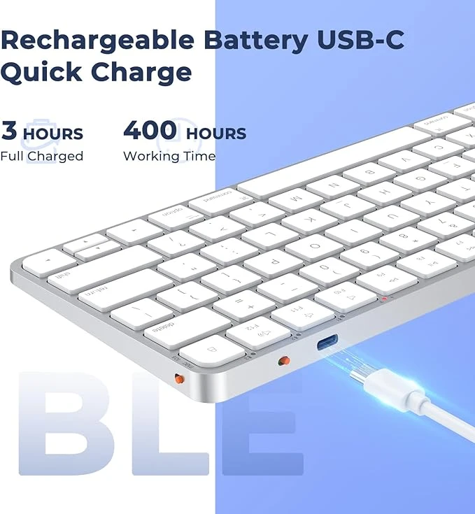 ميشن كيبورد لاسلكية لاجهزة ماك، رفيعة متعددة الاجهزة بلوتوث قابلة لاعادة الشحن بتصميم بسيط لاجهزة ايباد وايفون واي ماك وiOS وماك بوك اير/برو، عالمية لاجهزة ماك او اس وايباد او اس وiOS، ابيض