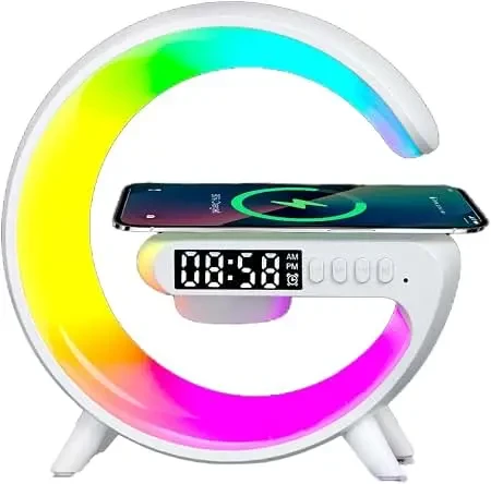 مصباح G63 الذكي RGB مع شاحن لاسلكي ومكبر صوت بلوتوث وساعة منبه - أبيض | G63 RGB