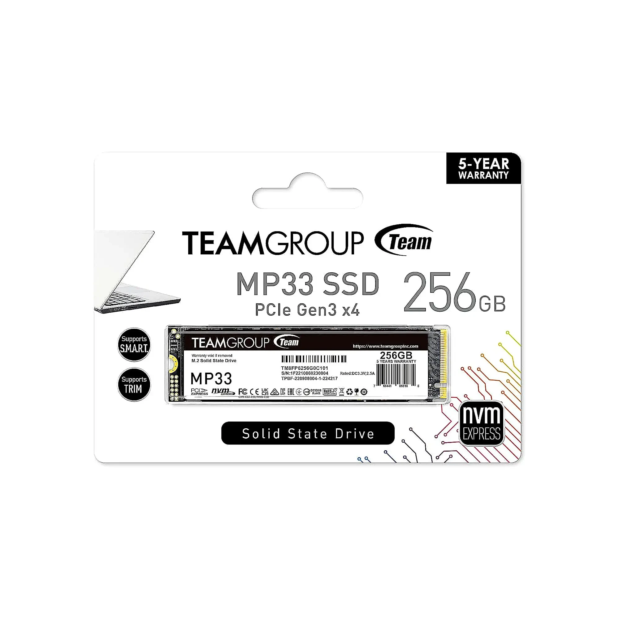 تيم جروب ذاكرة التخزين اس ال سي 256GB 3D ناند تي ال سي NVMe 1.3 PCIe الجيل 3x4 M.2 2280 SSD داخلي R/W سرعة تصل الى 1600/1000 ميجابايت/ثانية لابتوب وكمبيوتر مكتبي TM8FP6256G0C101
